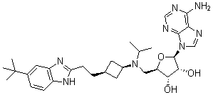 9-[5-脫氧-5-[[順式-3-[2-[6-(1,1-二甲基乙基)-1H-苯并咪唑-2-基]乙基]環(huán)丁基](1-甲基乙基)氨基]-β-D-呋喃核糖]-9H-嘌呤-6-胺結構式_1380288-87-8結構式