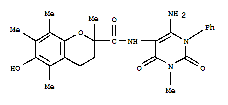 2H-1-benzopyran-2-carboxamide, n-(6-amino-1,2,3,4-tetrahydro-3-methyl-2,4-dioxo-1-phenyl-5-pyrimidinyl)-3,4-dihydro-6-hydroxy-2,5,7,8-tetramethyl-Structure,204980-79-0Structure 2H-1-benzopyran-2-carboxamide, n-(6-amino-1,2,3,4-tetrahydro-3-methyl-2,4-dioxo-1-phenyl-5-pyrimidinyl)-3,4-dihydro-6-hydroxy-2,5,7,8-tetramethyl- Structure,204980-79-0Structure