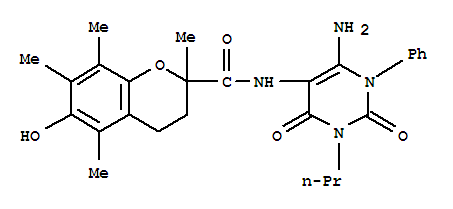 2H-1-benzopyran-2-carboxamide, n-(6-amino-1,2,3,4-tetrahydro-2,4-dioxo-1-phenyl-3-propyl-5-pyrimidinyl)-3,4-dihydro-6-hydroxy-2,5,7,8-tetramethyl-Structure,204980-88-1Structure 2H-1-benzopyran-2-carboxamide, n-(6-amino-1,2,3,4-tetrahydro-2,4-dioxo-1-phenyl-3-propyl-5-pyrimidinyl)-3,4-dihydro-6-hydroxy-2,5,7,8-tetramethyl- Structure,204980-88-1Structure